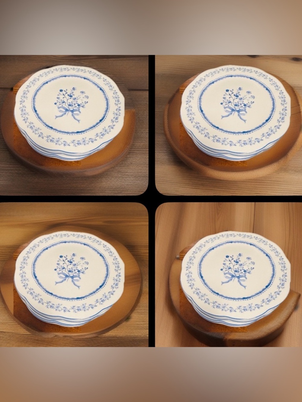 Blue Floral Ceramic Salad/Dessert Plates - Set of 4